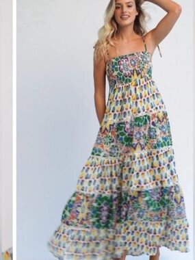 Guadalupe Designs Agata Flow Dress Multicolor Floral Smocked Cotton Maxi Dress S